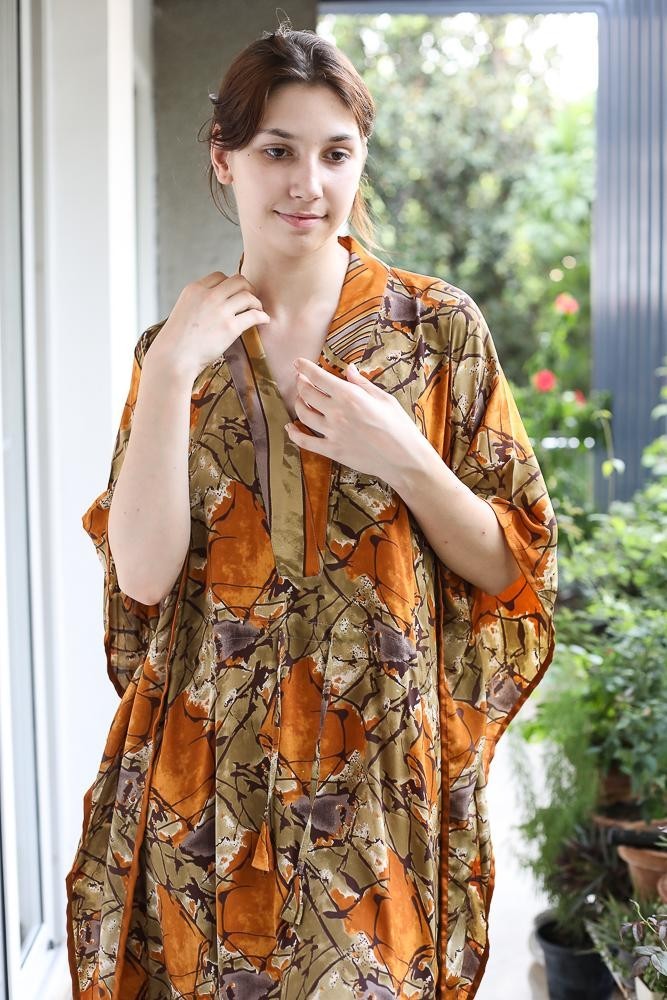 Silk Green Kaftan / Handmade Flowy Maxi Dress / Resort Wear Outfit PS MFN1024
