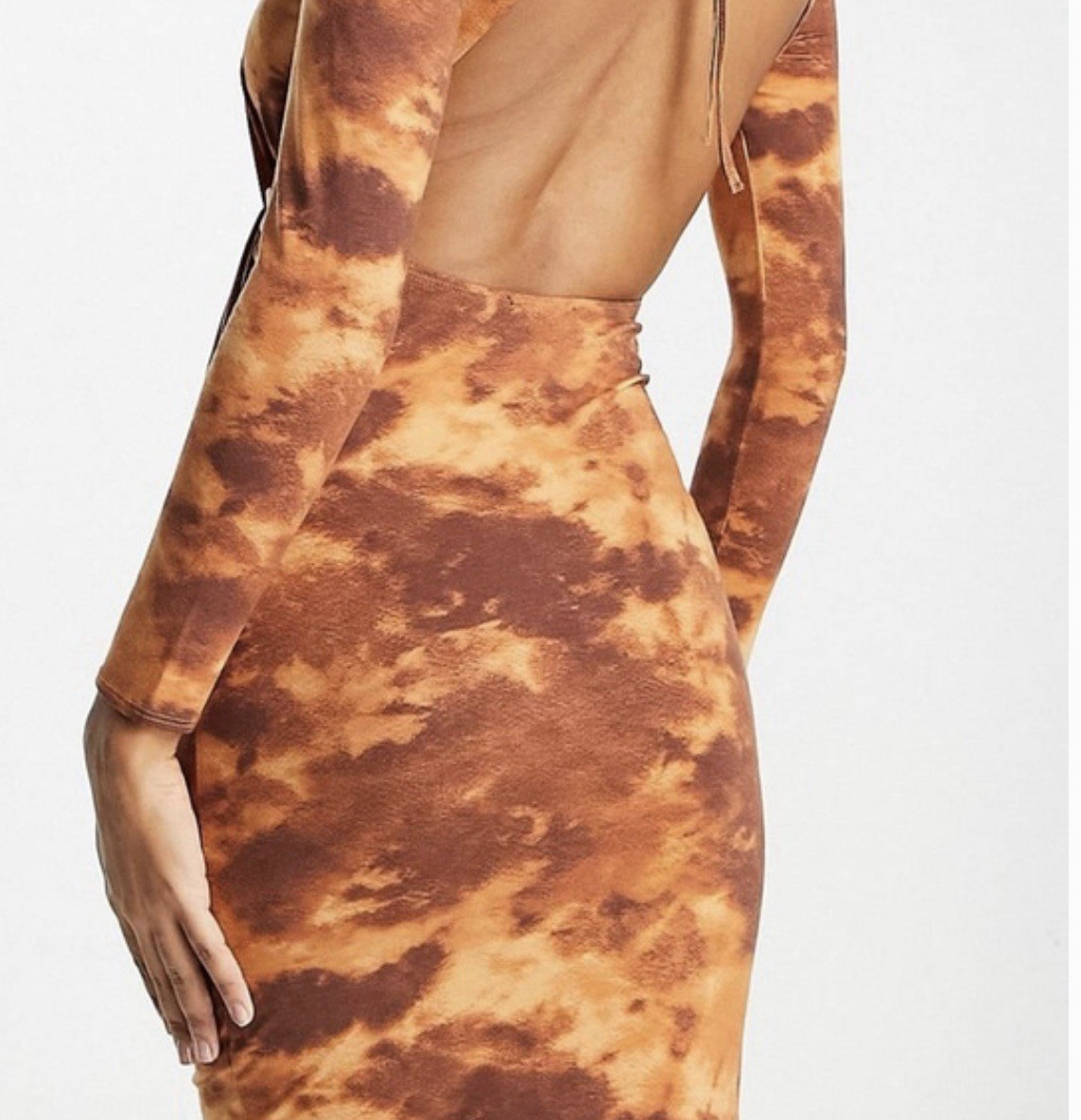 ASOS DESIGN long sleeve front knot open back midi dress brown tie dye print UK 6