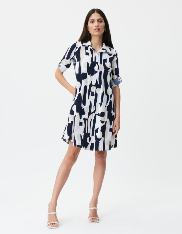Joseph Ribkoff Abstract Poplin Trapeze Dress Size 10 (UK 12) White Blue Beige