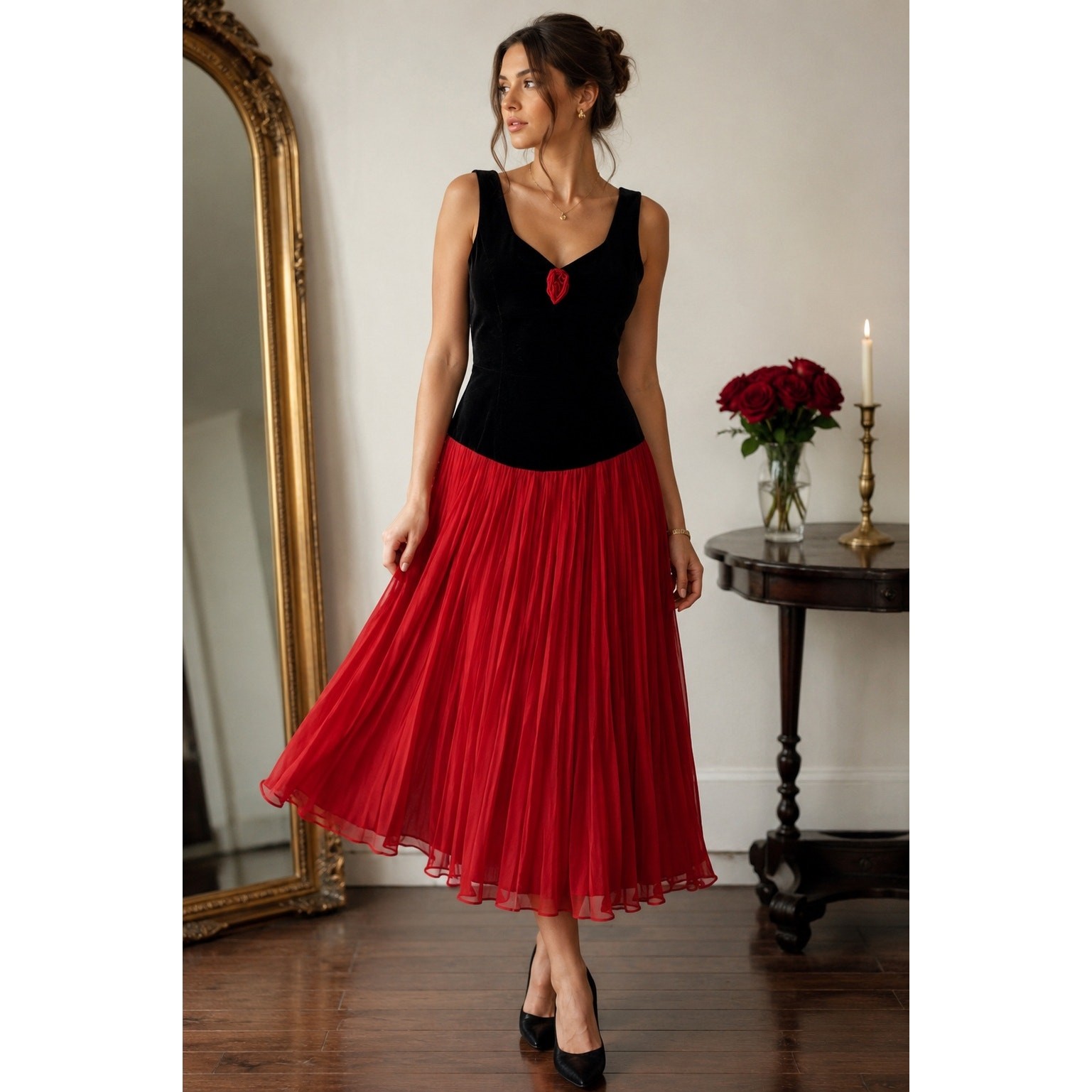 Vintage Miss Selfridge London Black Velvet & Red Pleated Midi Dress | UK 14