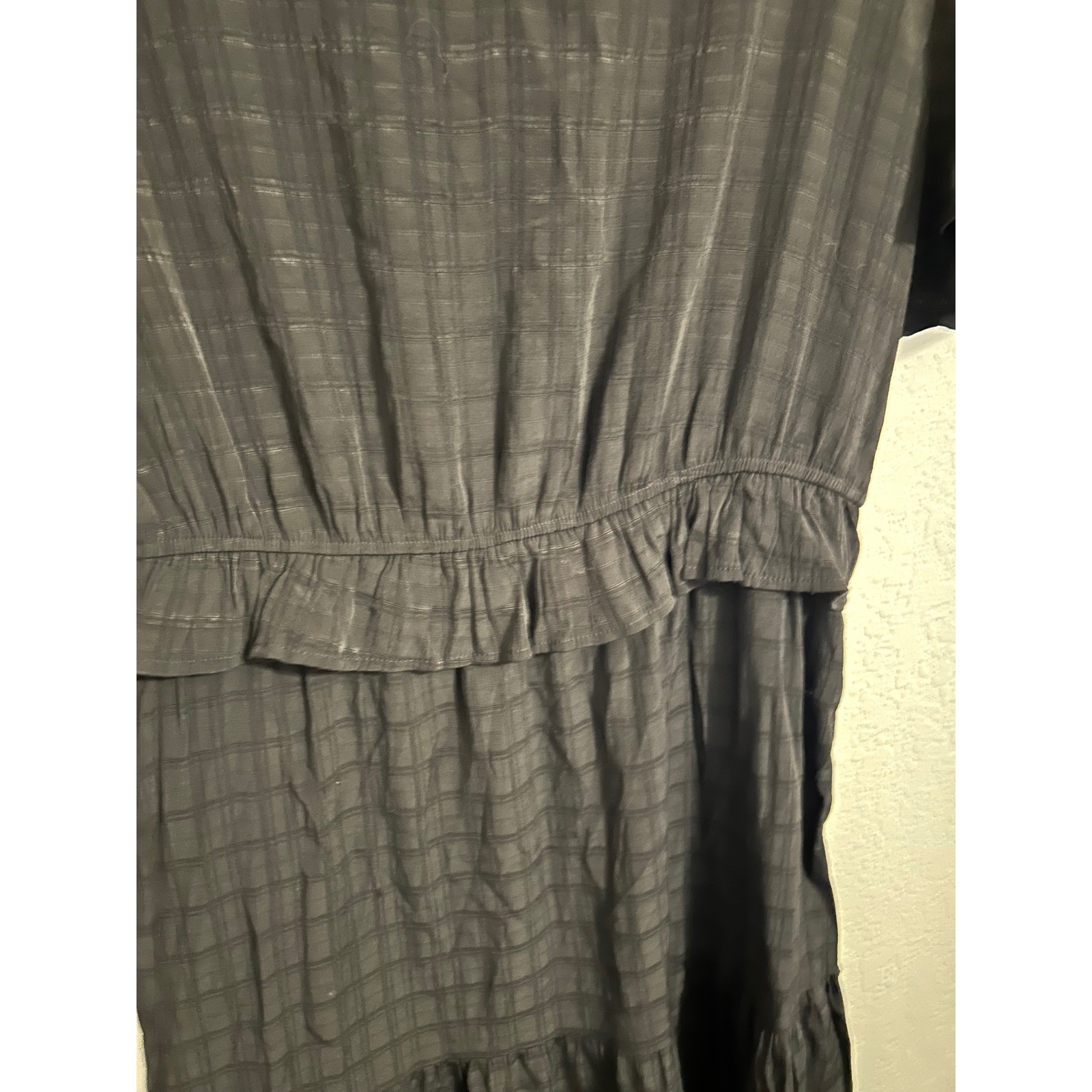 Black Grid Textured Tiered Maxi Dress XL Ruffle V-Neck Flutter Sleeve