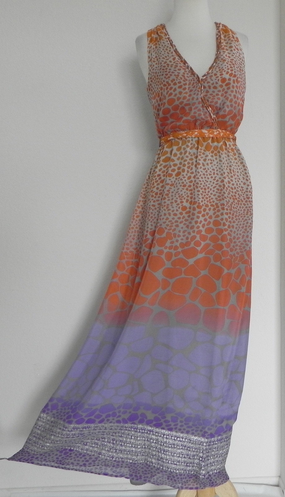 Presley Skye Maxi Dress Sleeveless Multi-Color 100% Silk Belted Size XS