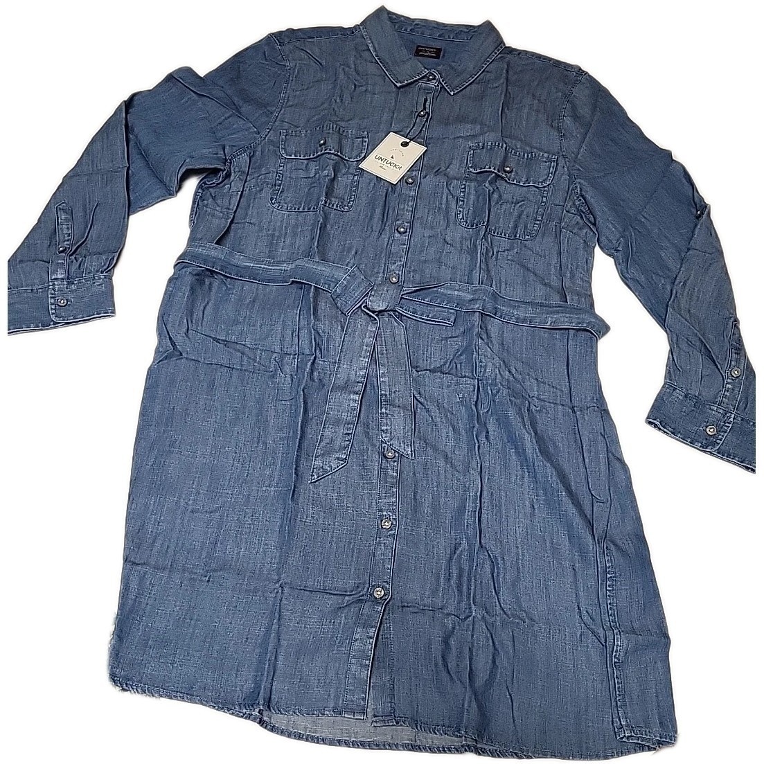 UNTUCKIT SIZE 18 Zara chambray Shirt Dress Regular Fit Long Sleeve Belted NWT
