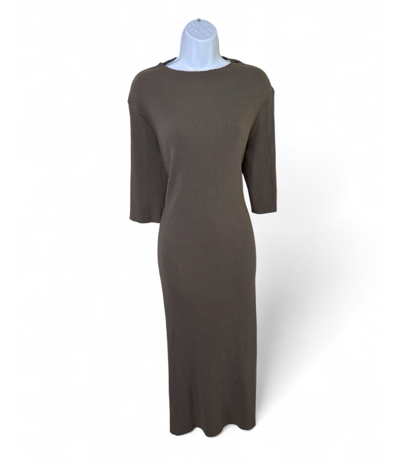 Vince Cotton Spandex Ribbed Mock Neck Elbow Sleeve Dress Taupe L