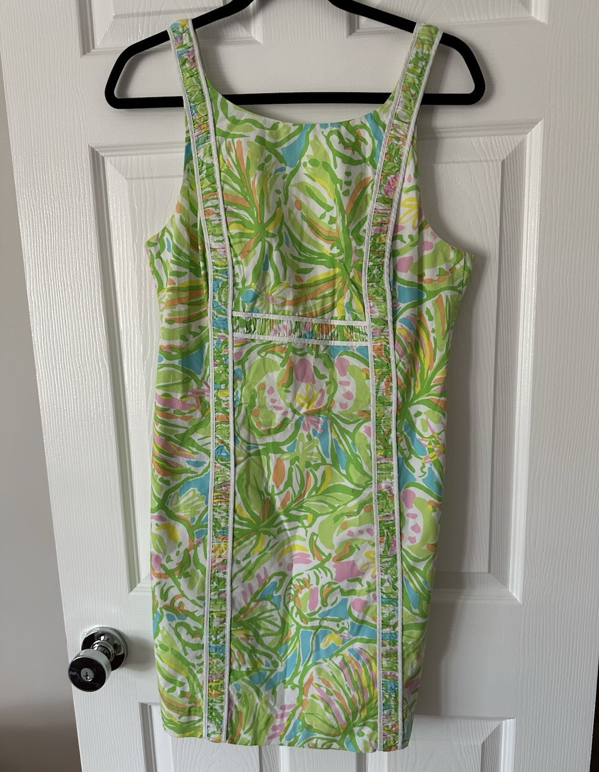 Green Pink Blue White Floral Sheath Dress Sleeveless Square Neck Lined Zip 8