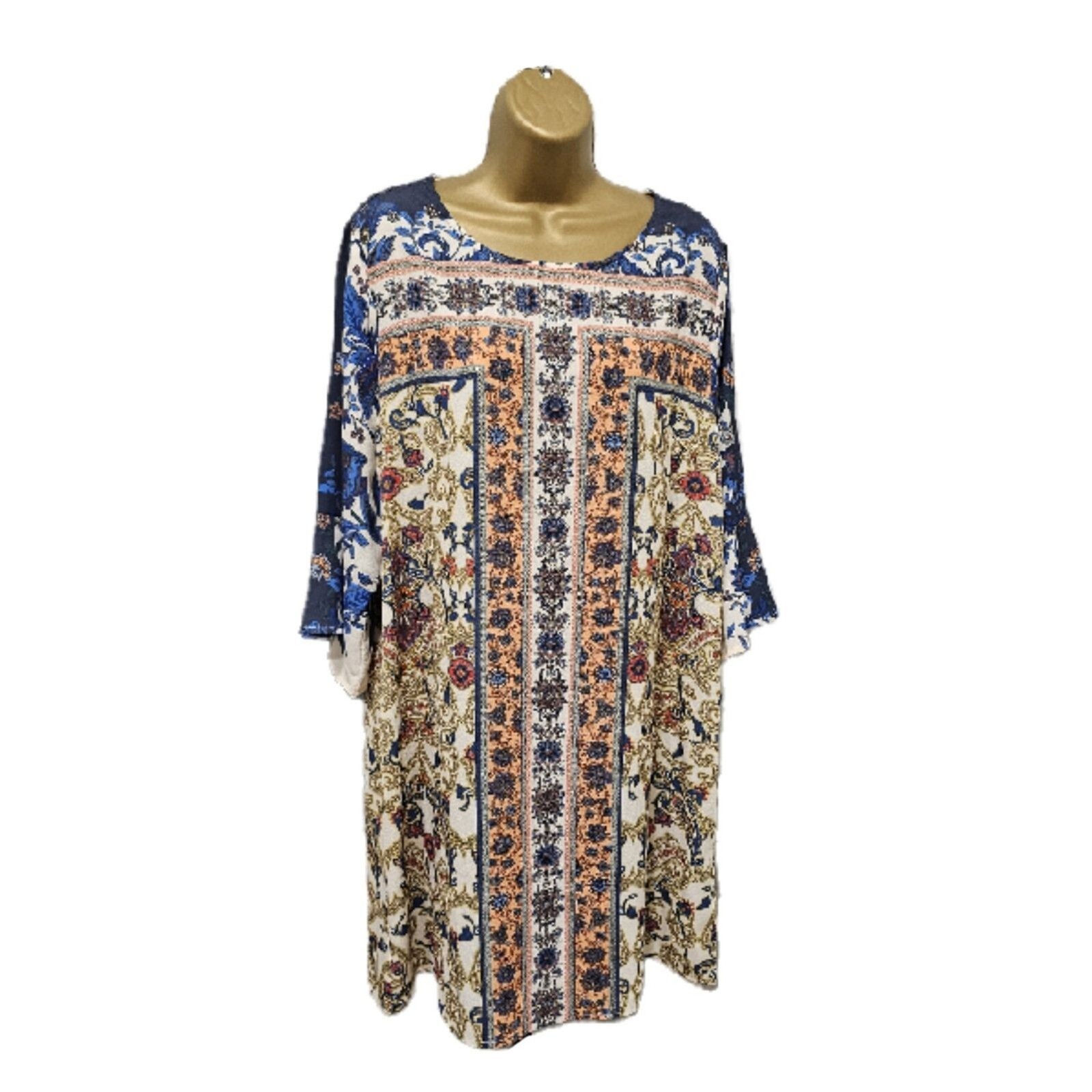 Multicolor Paisley Shift Dress Large Flare Sleeve Boho Artistic Peasant Hippie