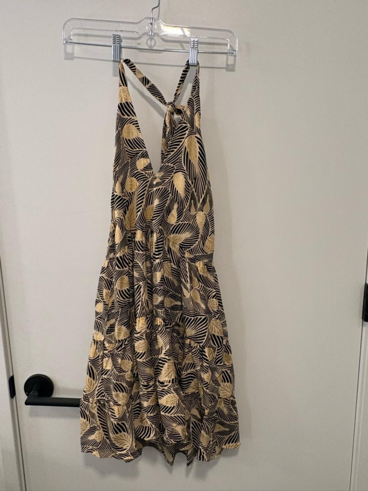 Paani Leaf-Print Black & Cream Halter Mini Dress