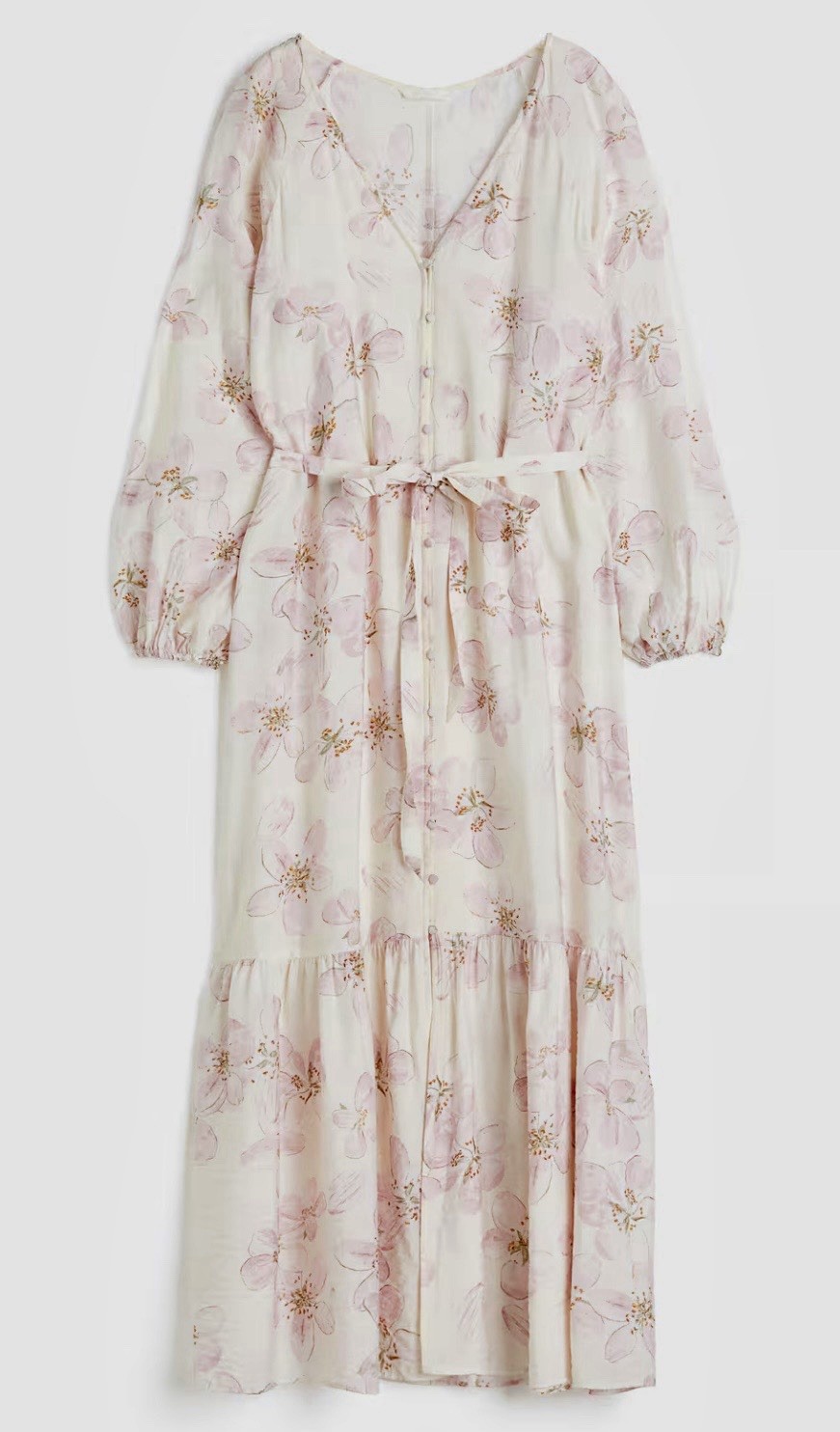 NWT H&M Tie-Belt Crepe Dress With Buttons, Ivory Floral Print, Size M