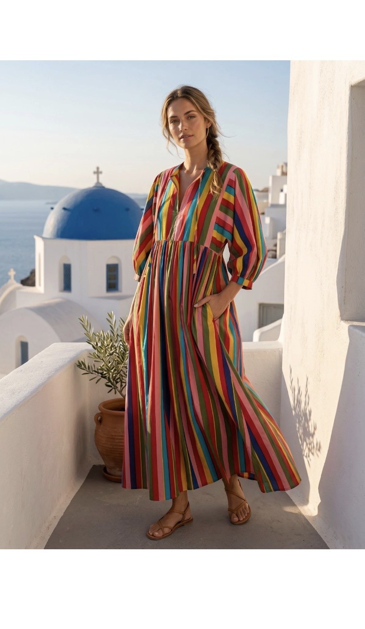 Women’s Cotton Striped Maxi Dress Handmade Balloon Sleeve Loose Fit Long Dress