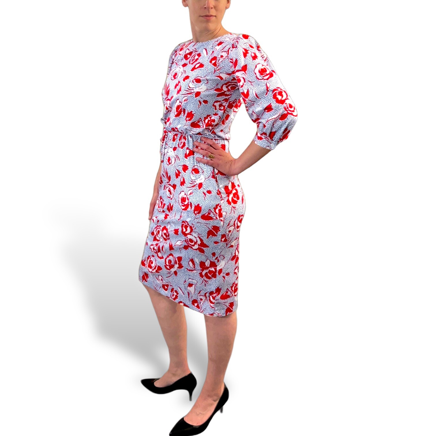 Pop Art Rose 70s 80s Vintage Polyester Dress Bedford Fair Red White Blue Mod M