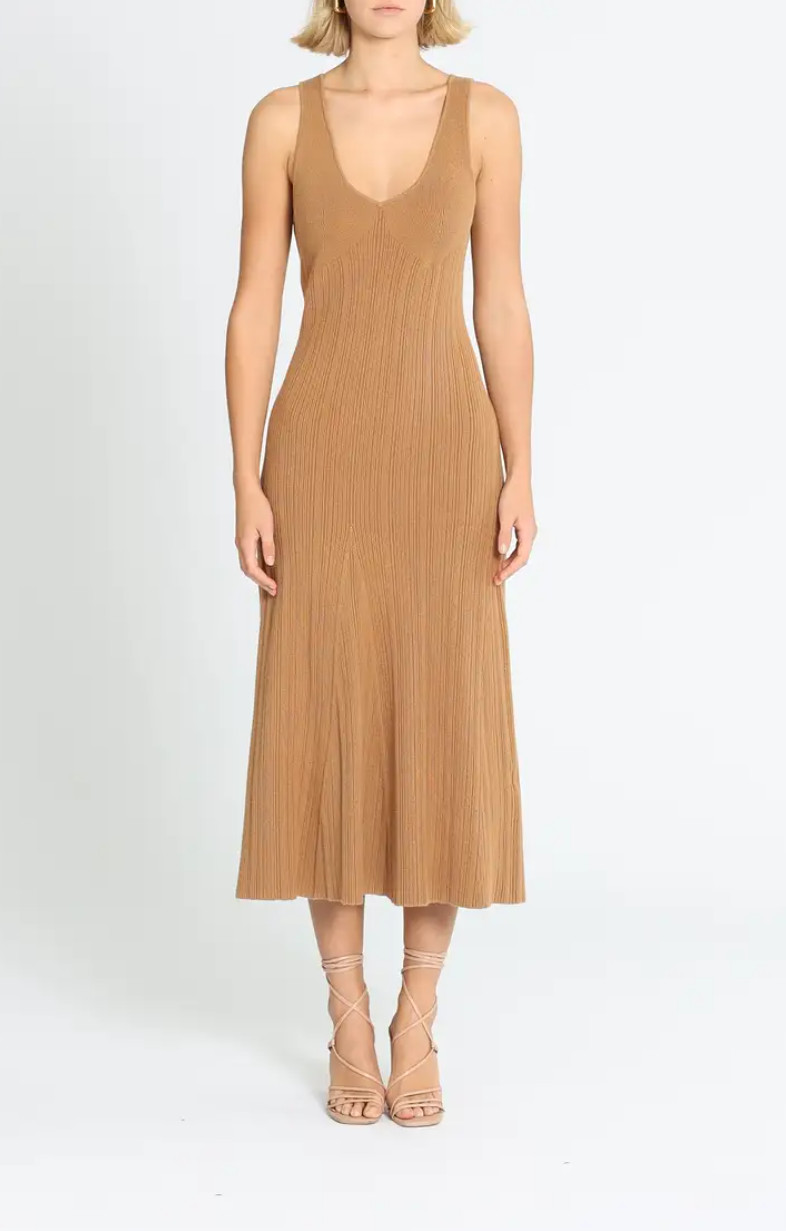 ANNA QUAN Asha Brown Sleeveless Midi Dress Date Night Size 12 AU preloved