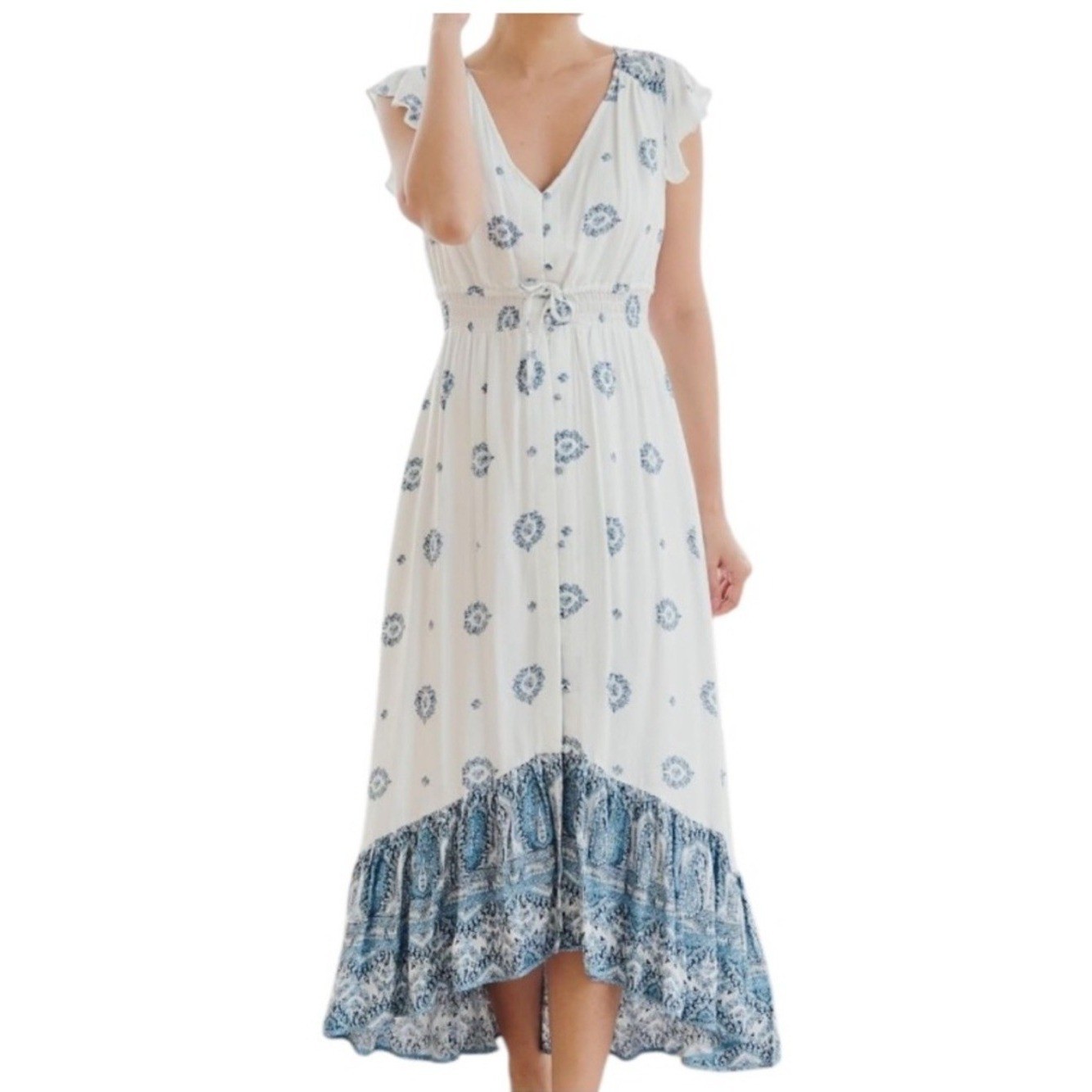 Anthropologie Kindred Blue Paisley High Low Midi Dress Flutter Sleeve Large