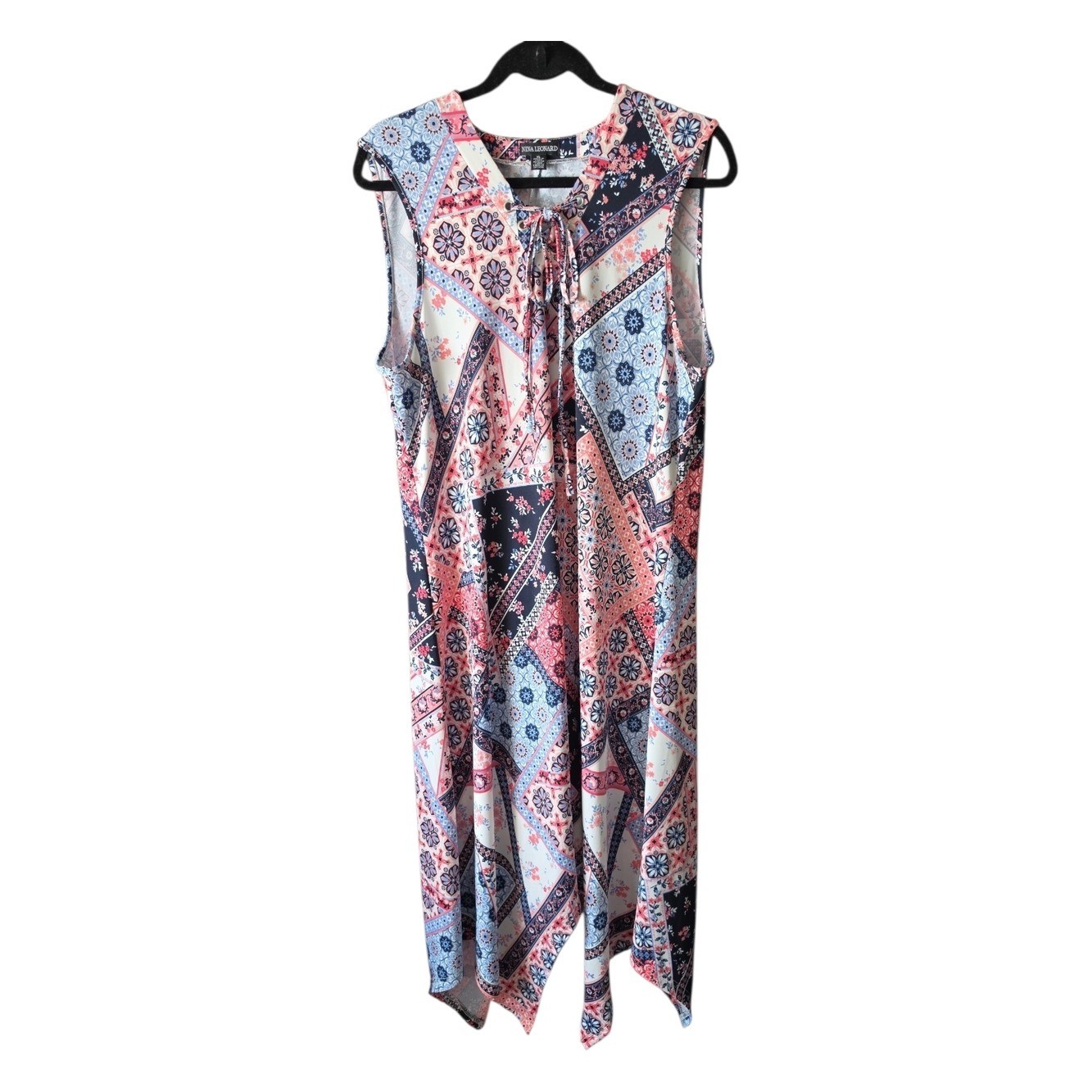 NINA LEONARD | Patchwork Bandana Handkerchief Hem Stretchy Tie Neck Dress | XL