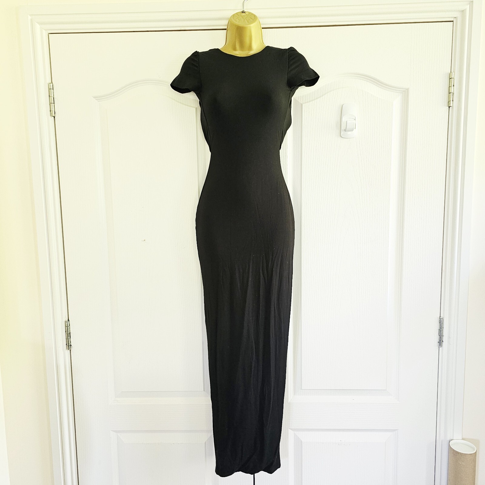 Oh Polly Backless Maxi Dress Size UK 6 Black Back Slit Stretch New with tags