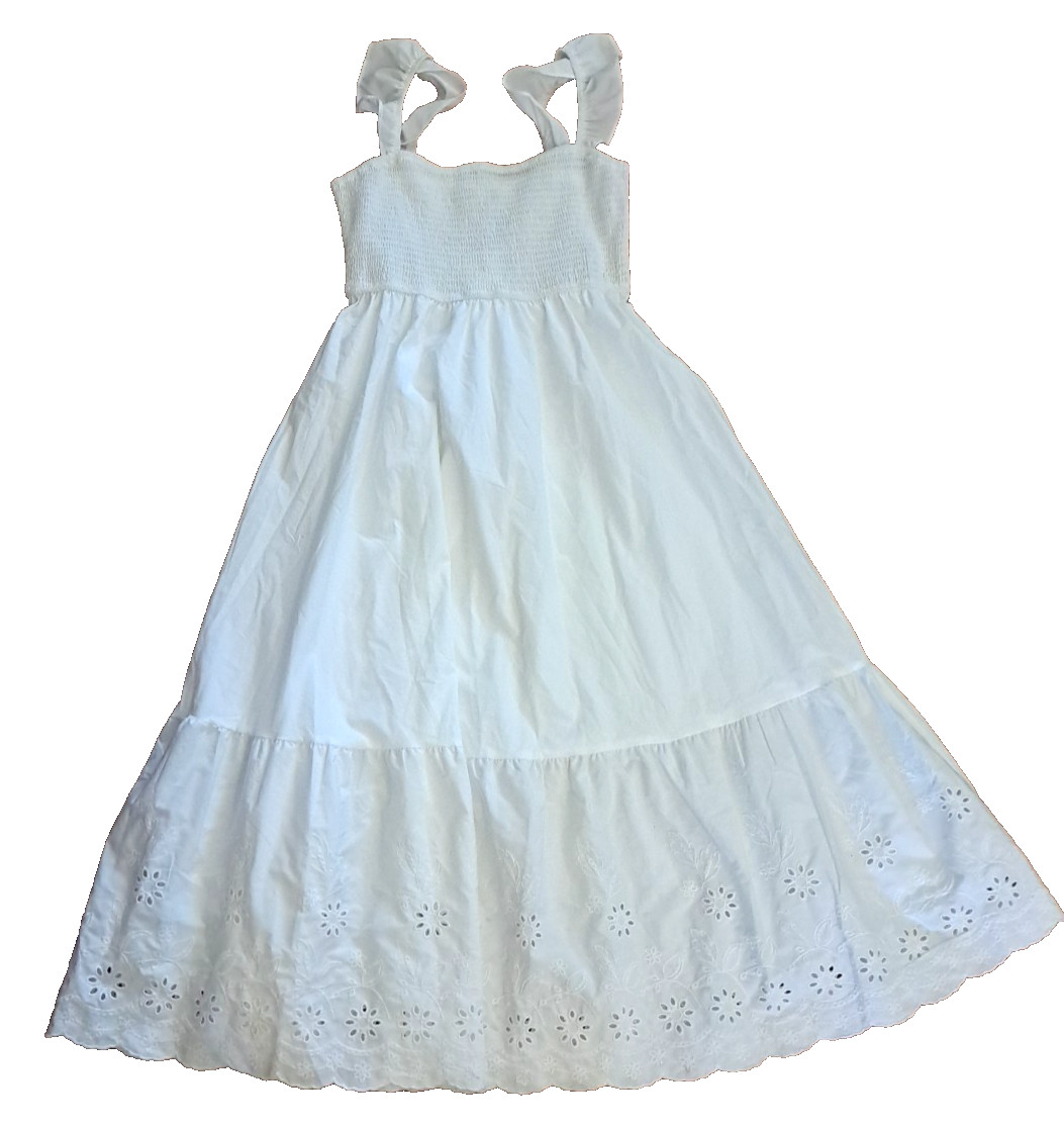 NEW By The River Sun Dress White Eyelet Lace Smocked Midi Cottage Summer NWT M