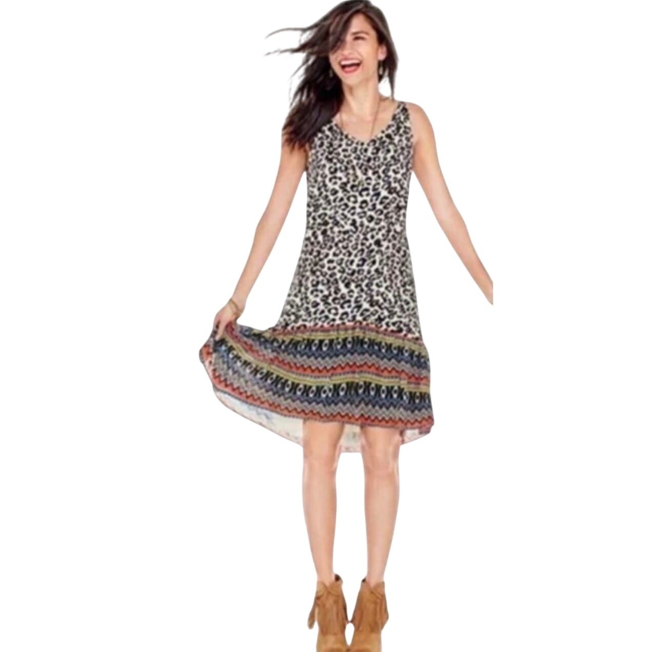 CAbi Leopard Mixed Print Sleeveless Flare Hem Dress Size XS Multicolor 5115
