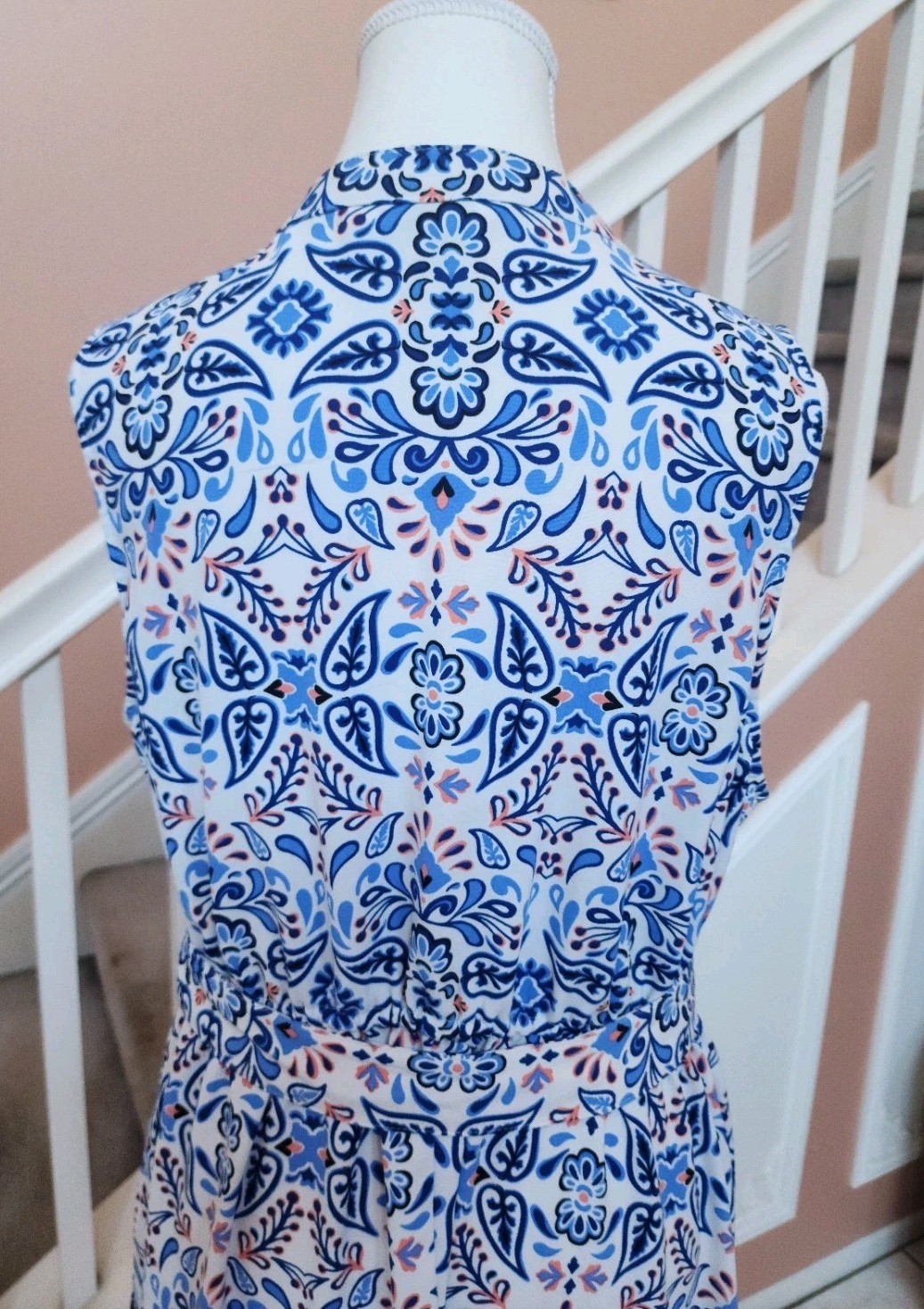 NWOT CROFT & BARROW Blue Floral Notch Neck Belted Sleeveless Shirt Dress Sz PXL