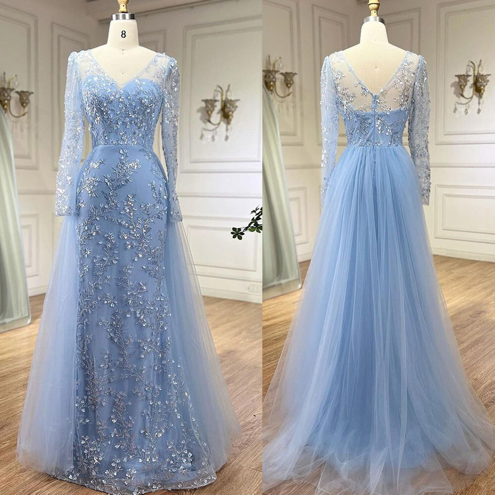 Long Sleeve Sky Blue Beaded Lace Mermaid Tulle Overlay Formal Evening Gown