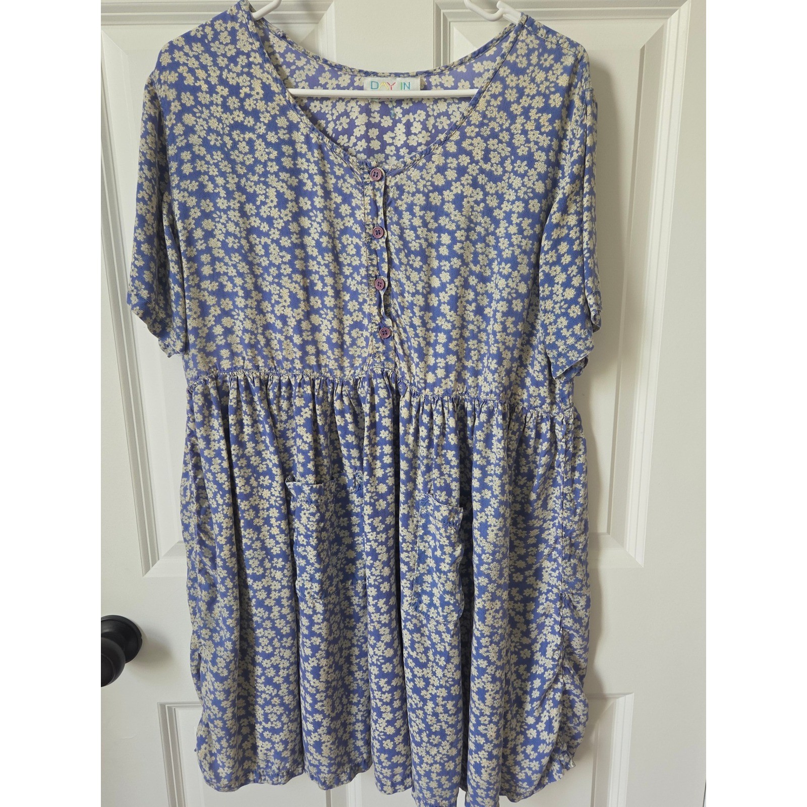 Vintage Floral Babydoll Dress Blue White Daisy Womens Medium Hippie Boho Spring