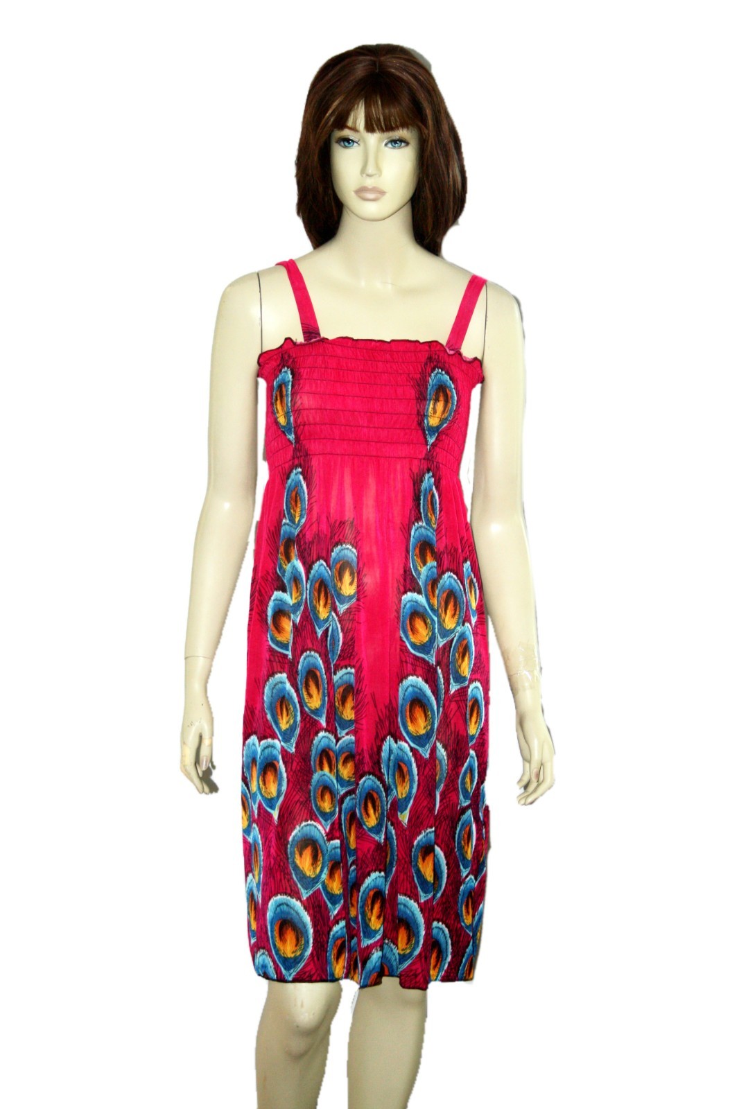 Womens Summer Dresses Sleeveless Smocked Peacock Print M L XL