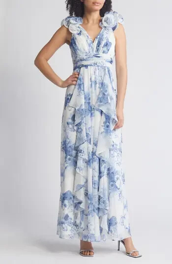 Eliza J Navy Blue White Floral Ruffle Strap Pleated Gown Size 6 $308