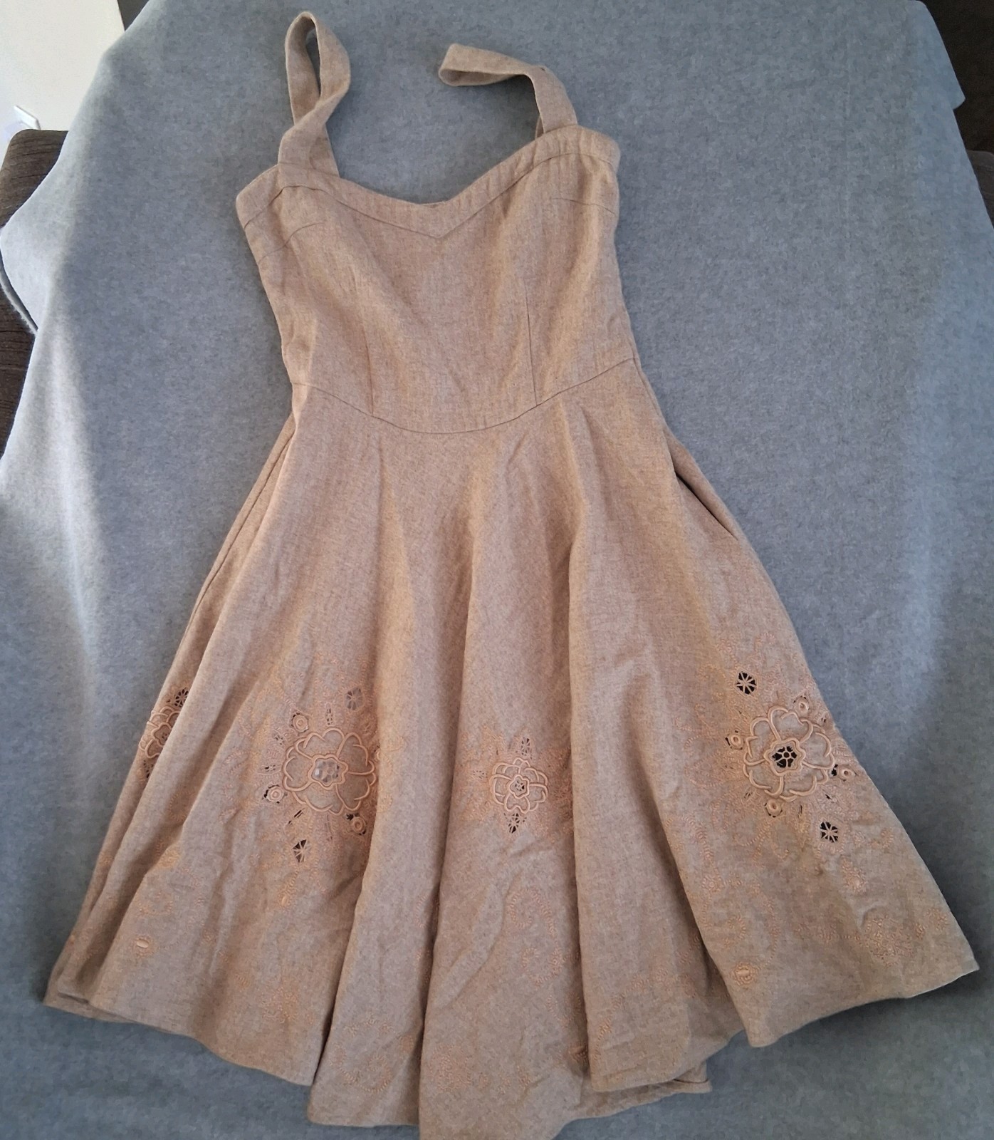 Jaloux Beige Embroidered Fit Flare Dress Womens Small Boho Cottagecore