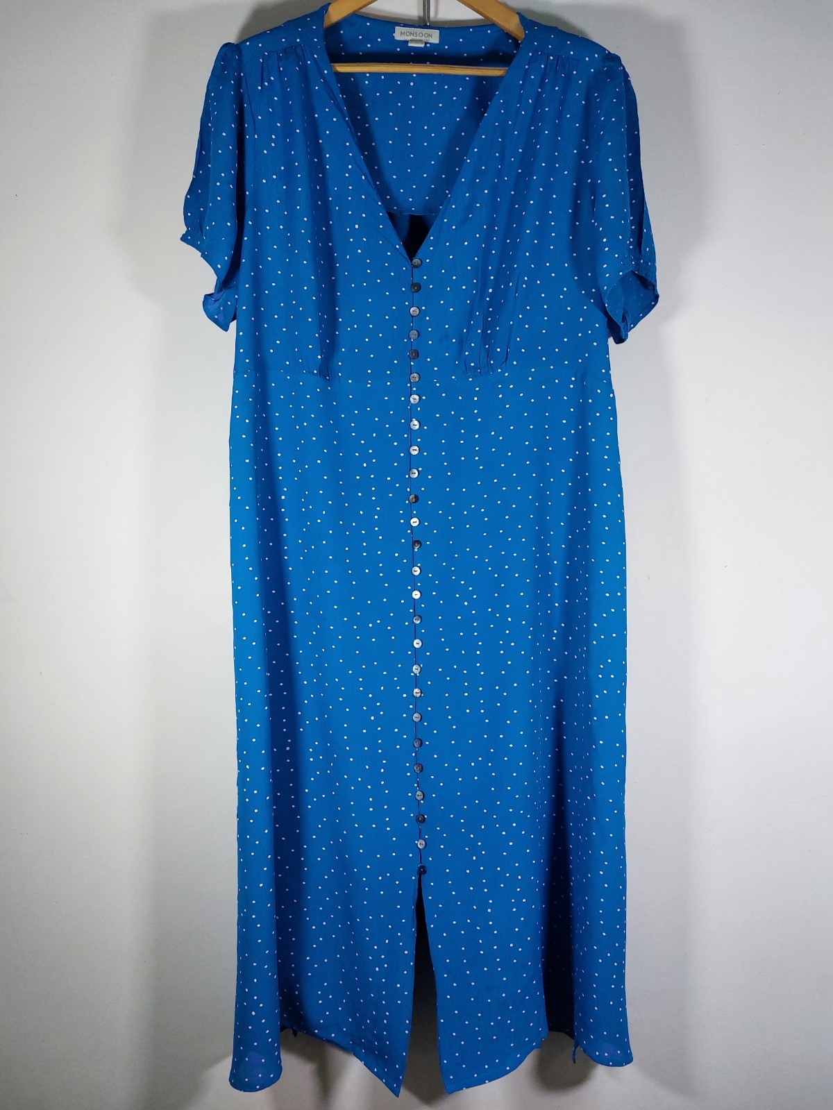 Monsoon Womens Turquoise Polka Dot Dress Size 22 V Neck Button Through Midi