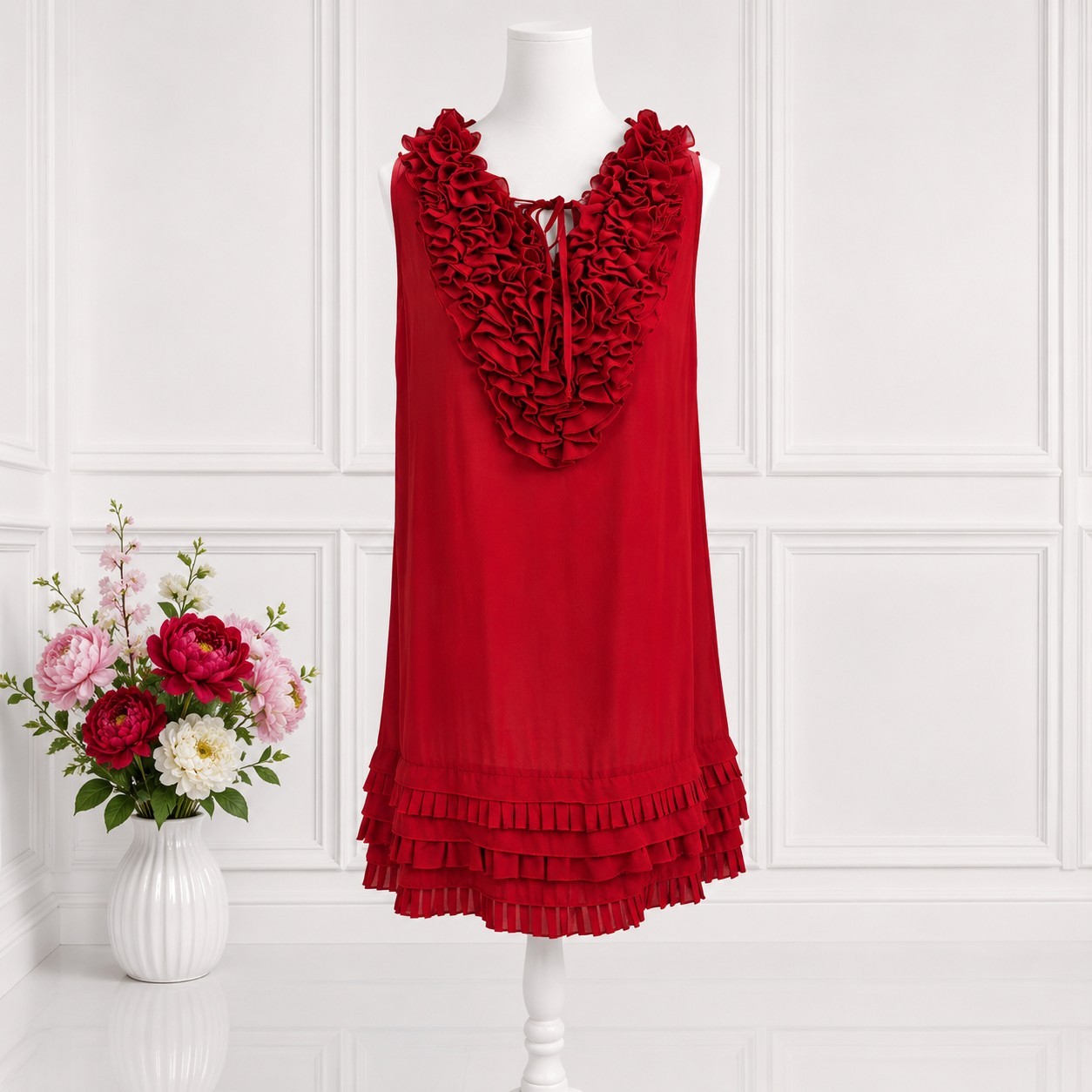 Ted Baker Red Ruffle Shift Dress Size 4 UK 12 14 Floaty Occasion Party