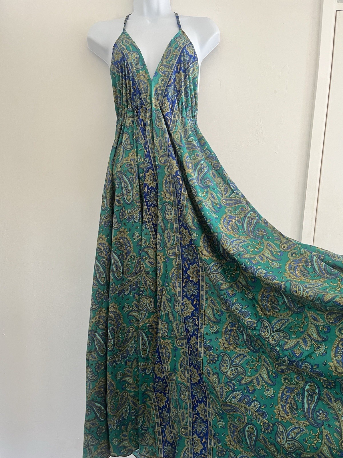 Maxi Dress Long Blue Green Halter Neck Hippie Indian Bohemian Floaty Summer Boho