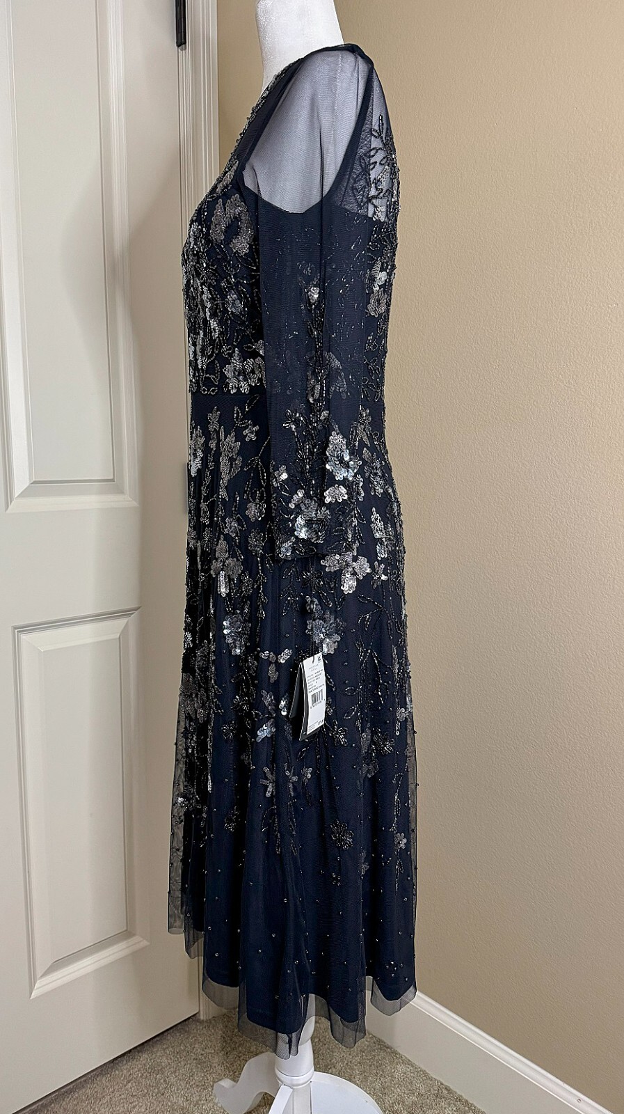 Adrianna Papell Floral Sequin Beaded Sheer Navy Dress NWT Size 6