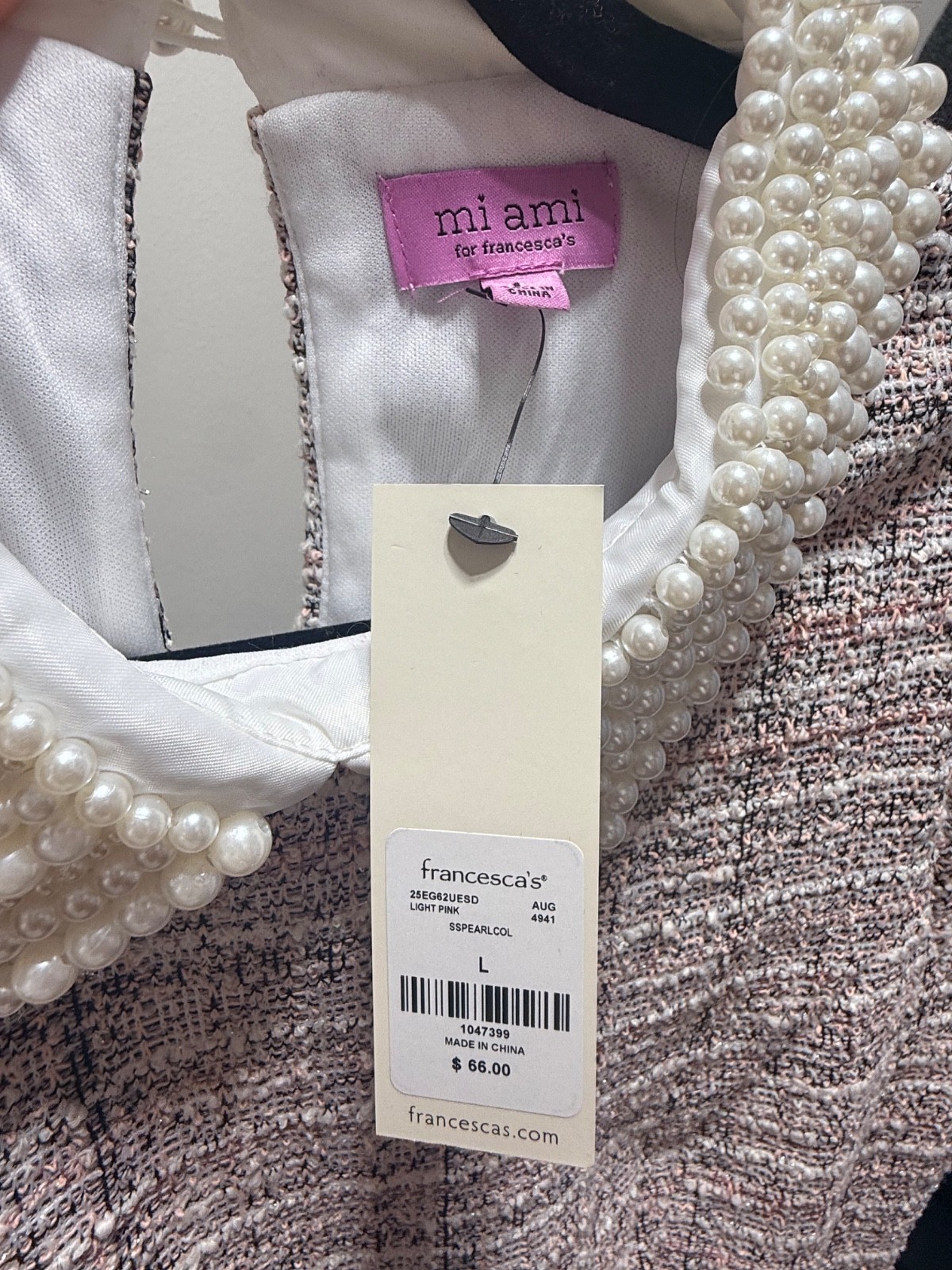 francesca’s Pink/White Plaid Tweed Pearl Collar Shift Mini Dress Short Sleeve L