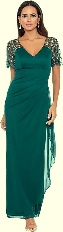 Xscape Neo Emerald Green Xscape Beaded Sleeve Ruched Column Gown Size 10 $208
