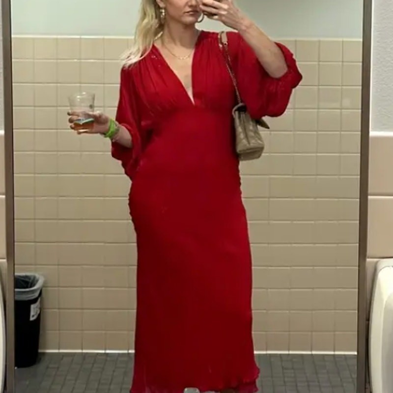 Shona Joy Red Plunging Chiffon Gown SIZE 0 Formal Draped Maxi Dress $440 Flaw