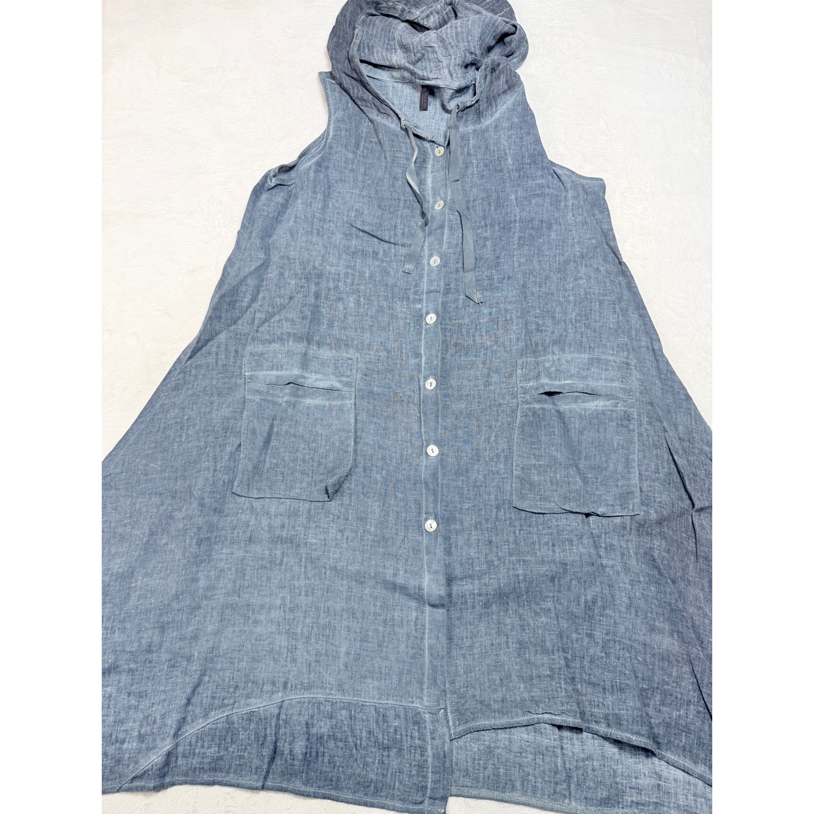 Inizio 100% Natural Linen Dress Medium M Blue Slate Hooded Button Front Maxi