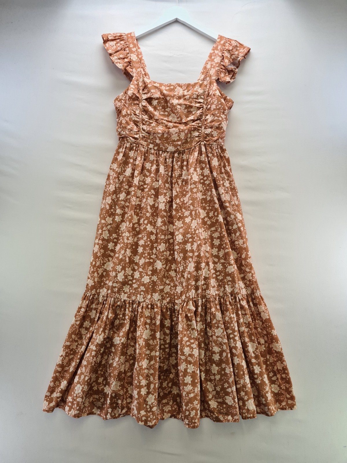 Oliver Bonas Dress Size 12 Pink Brown Floral Midi Tiered Strappy Beach Holiday