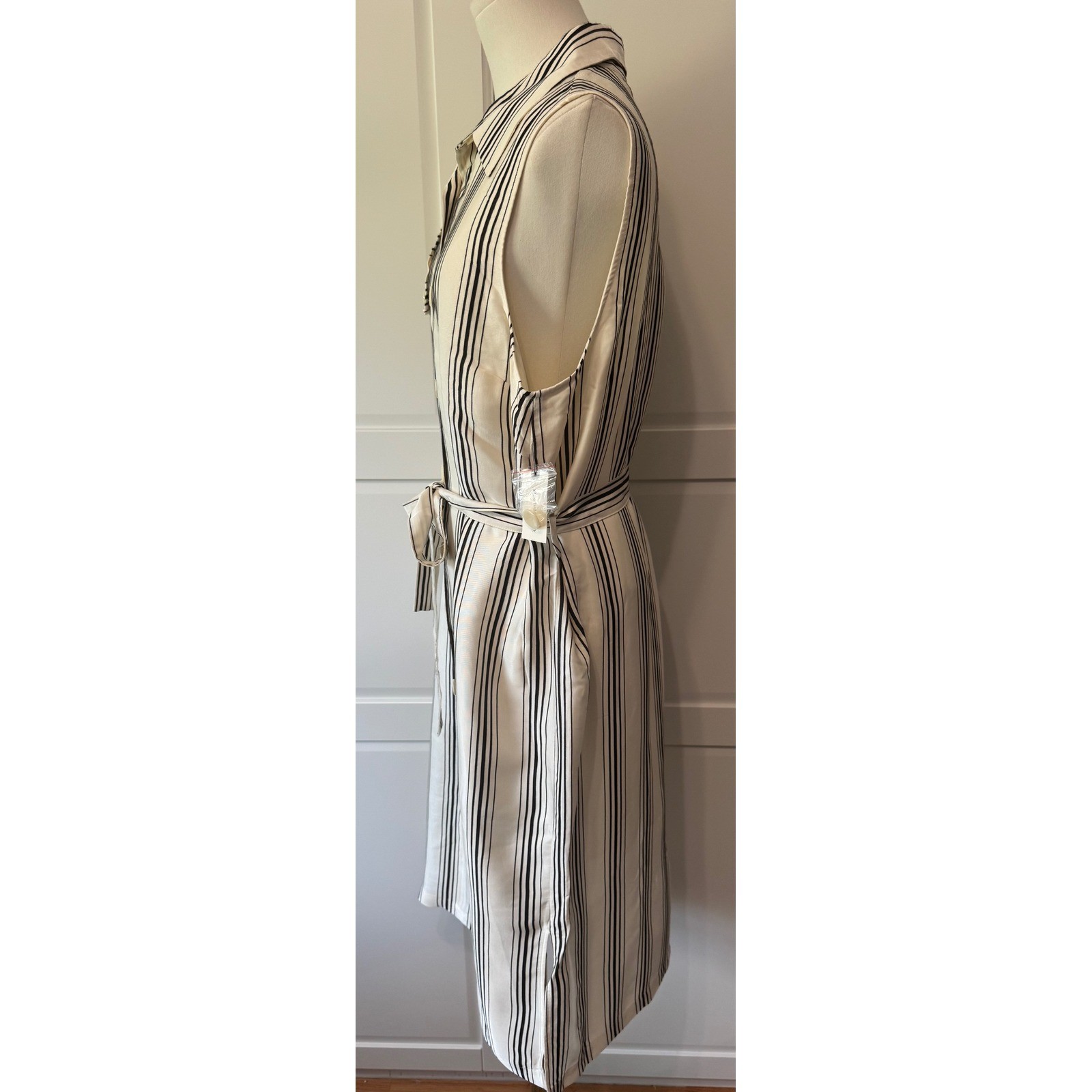 Maeve Anthropologie Esther Ivory Black Striped Sleeveless Belted Shirt Dress 12