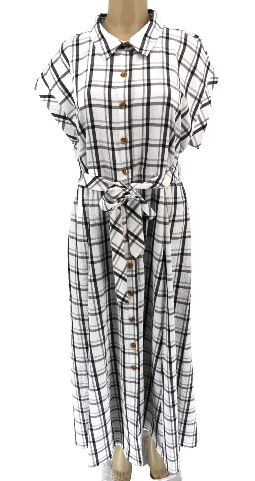 Calvin Klein Gauze Shirt Dress Sz 16 Windowpane Plaid Maxi Belted Button Up New
