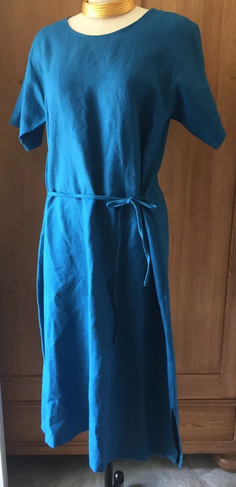 JES ‘Irie’ Wear Bold Turquoise Linen Short Sleeve Dress~ Waist Tie~ MEDIUM NWOT