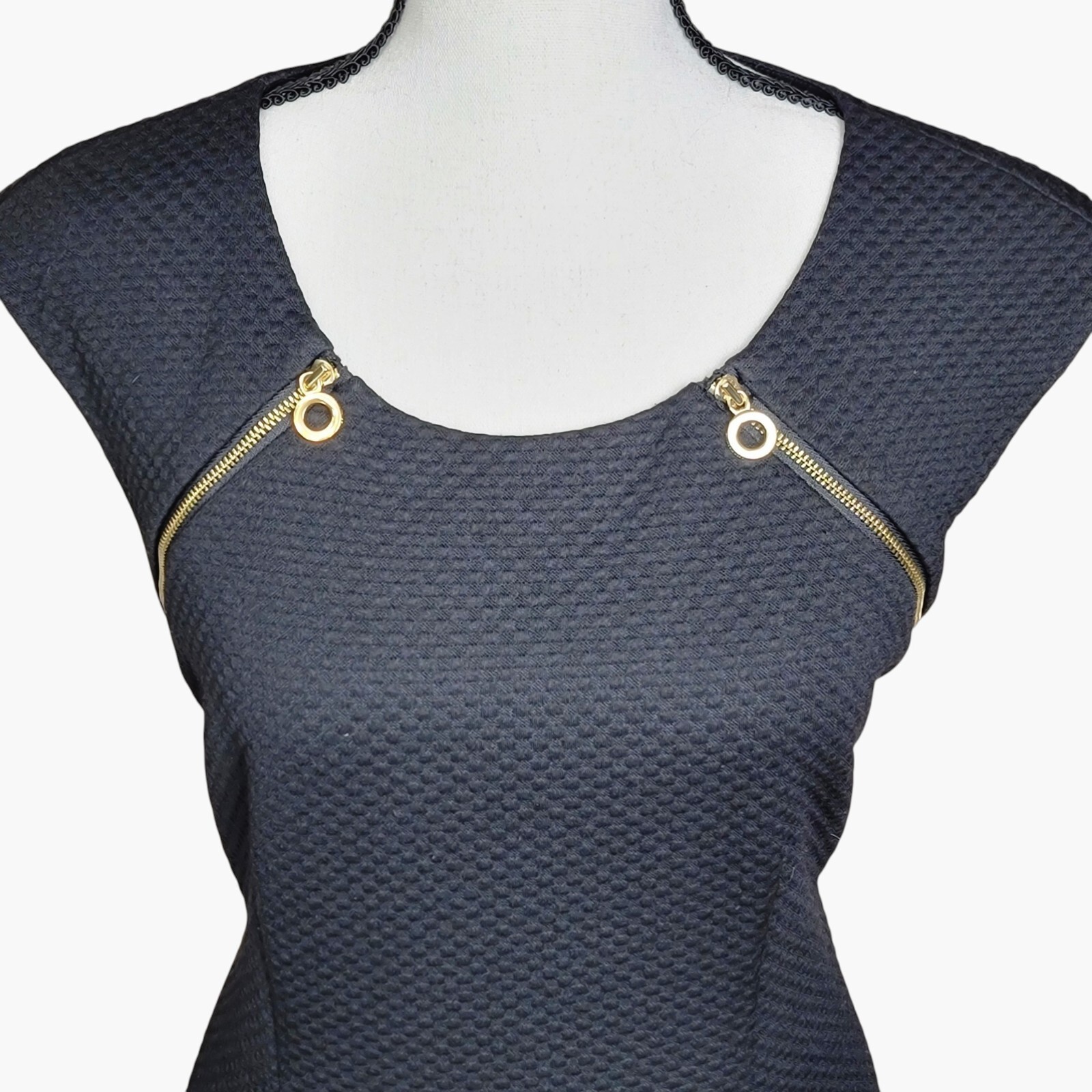 Calvin Klein Black Sheath Dress with Textured Fabric and Gold Zipper Accents