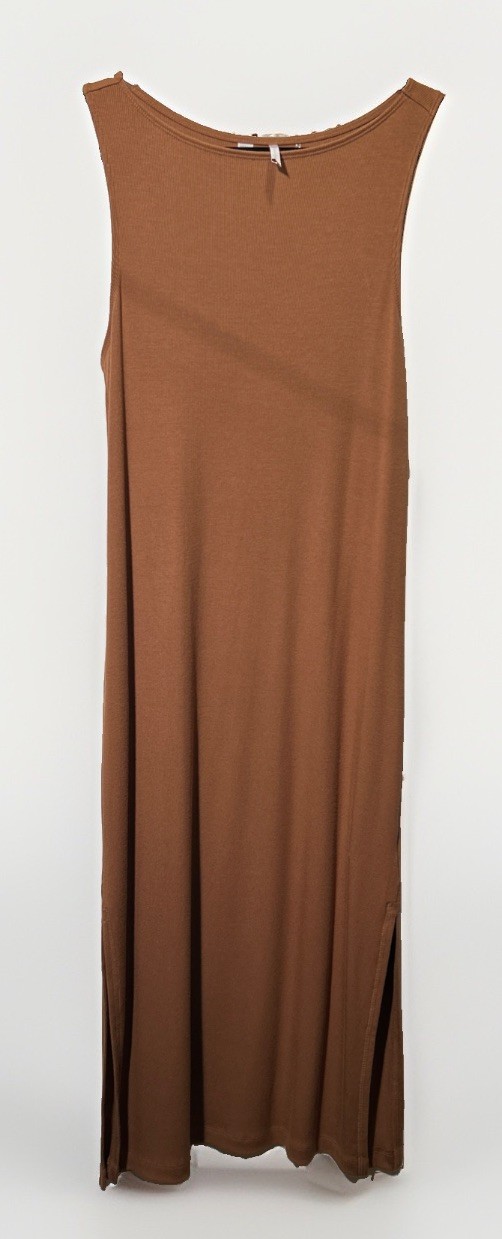 Lou & Grey Brown Ribbed Knit Tank Dress Round Neck Sleeveless Midi Pullover L