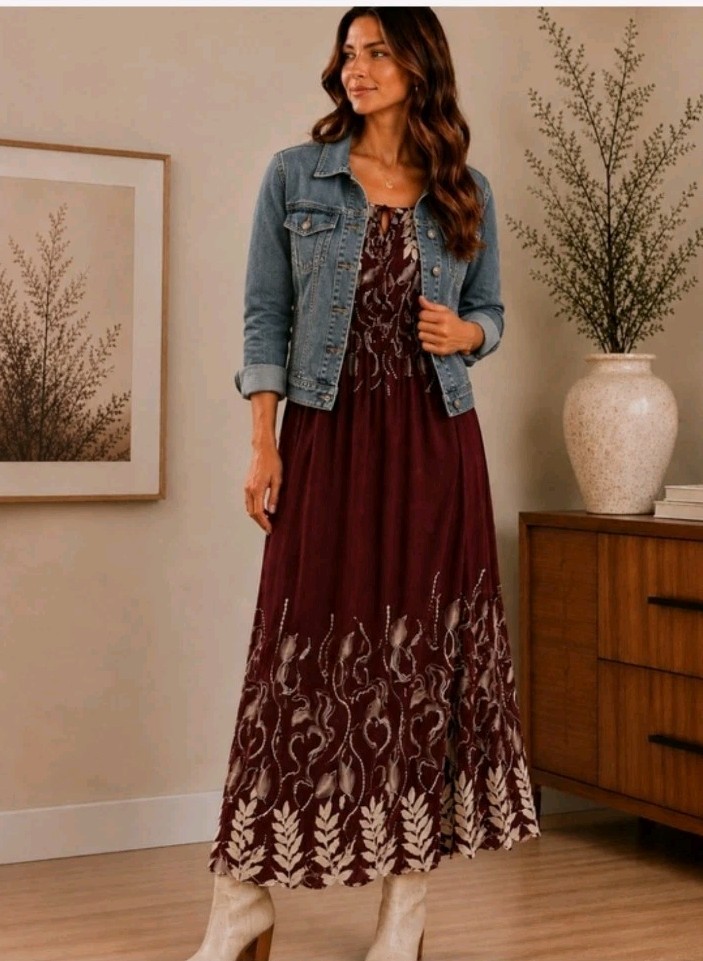 Hots Wing NWT XXL Burgundy Silk Blend Boho Maxi Dress Cottagecore Puff Sleeve