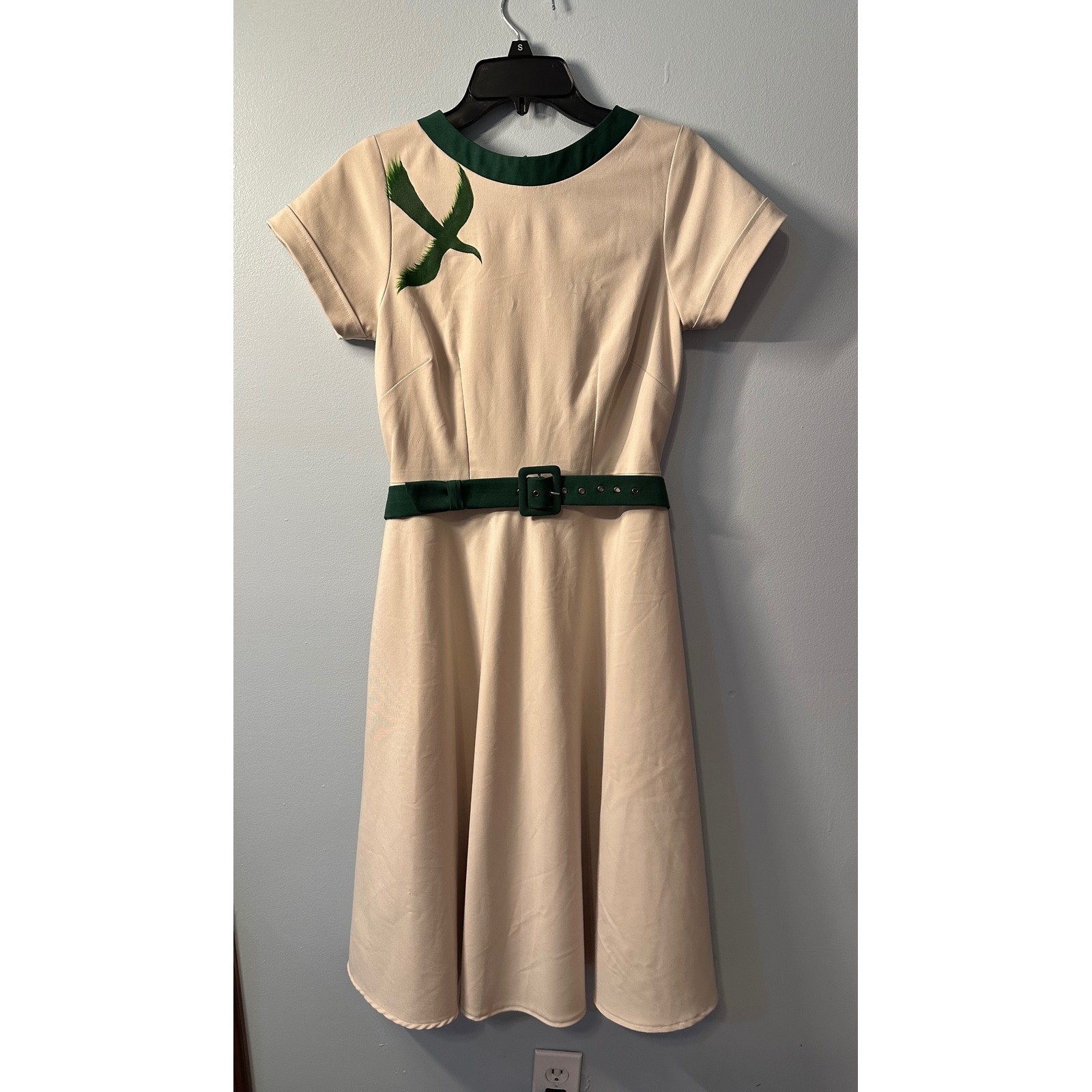 Vintage Style Beige Green Bird Fit Flare Belted Midi Dress Womens Small