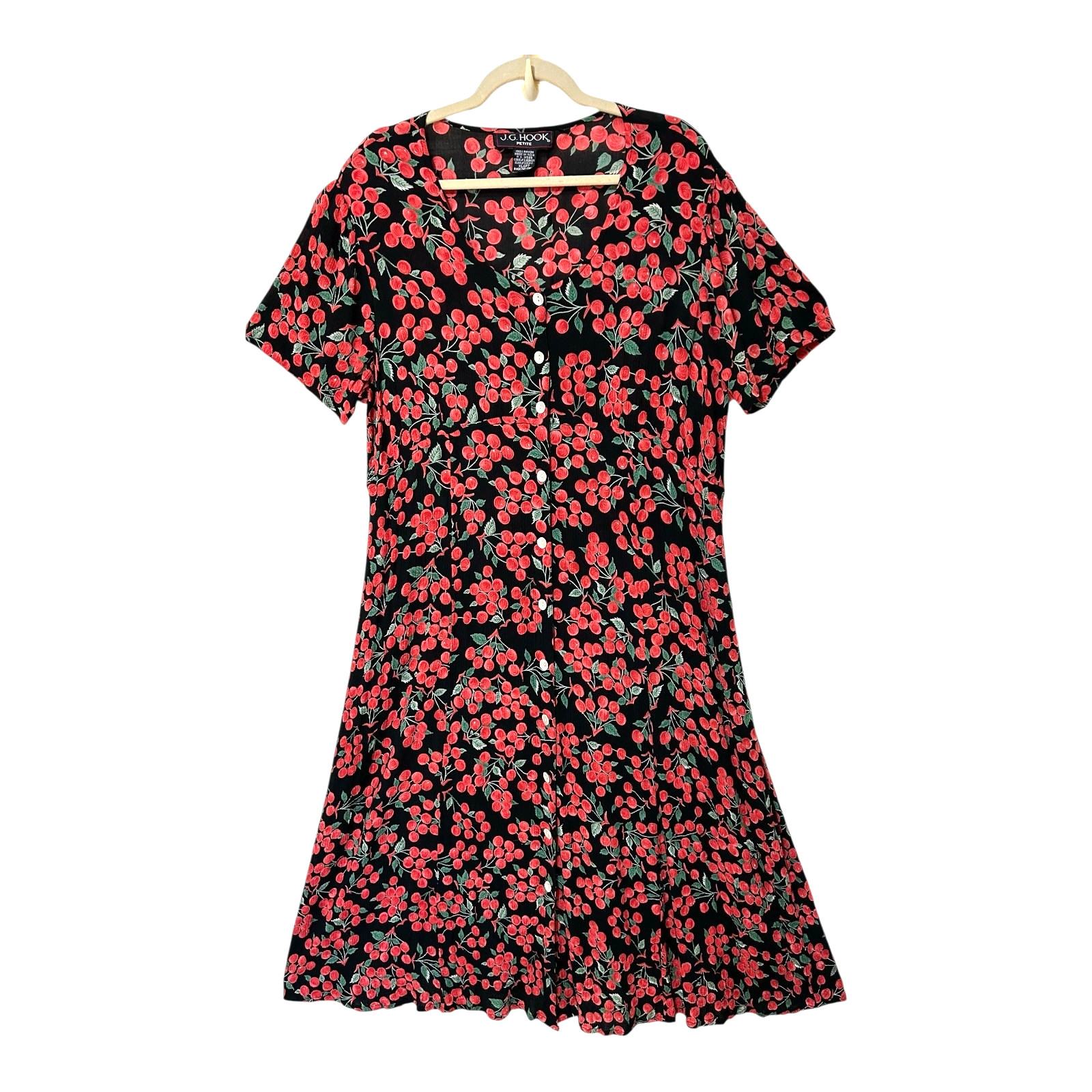 J.G. Hook PETITE Women’s Novelty Cherry Print Dress PXL Button Rayon VINTAGE