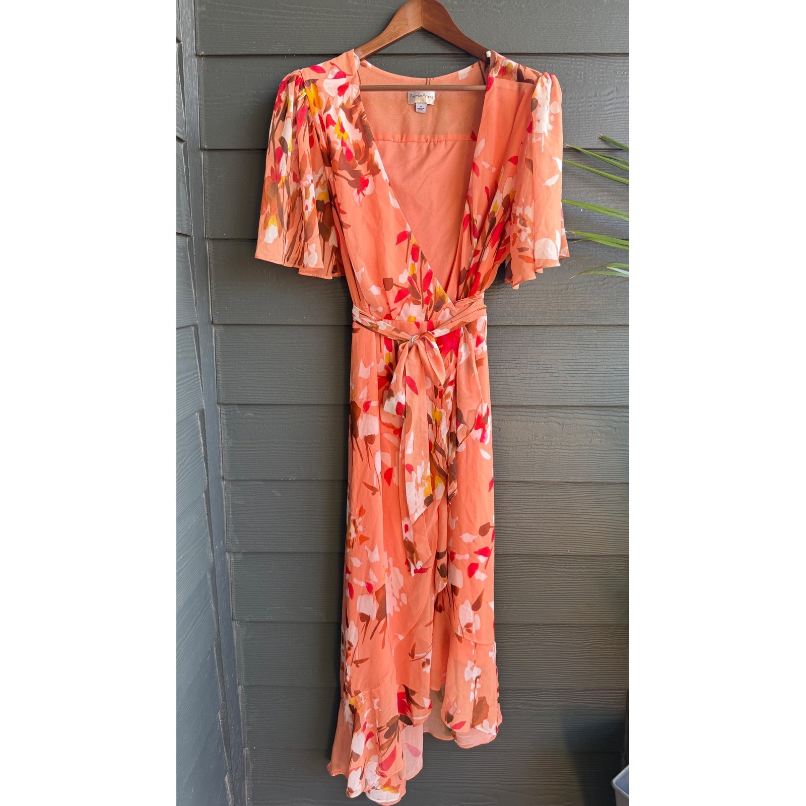Premier Amour Floral Wrap Midi Dress Flutter Sleeve Tie Waist Peach Size 12