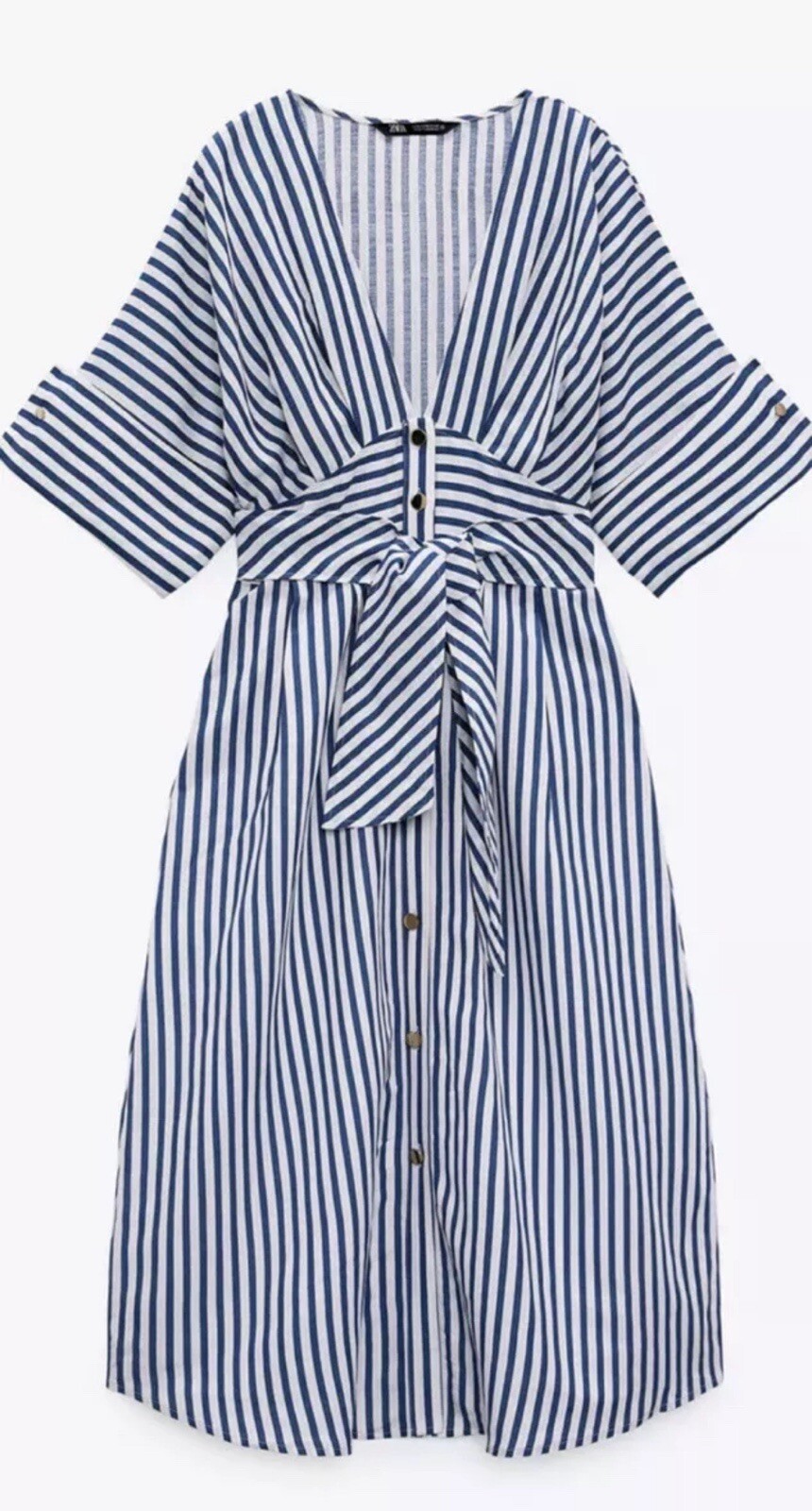 BNWT ZARA BLUE WHITE STRIPED MIDI SHIRT DRESS BELT METAL BUTTONS SIZE XS