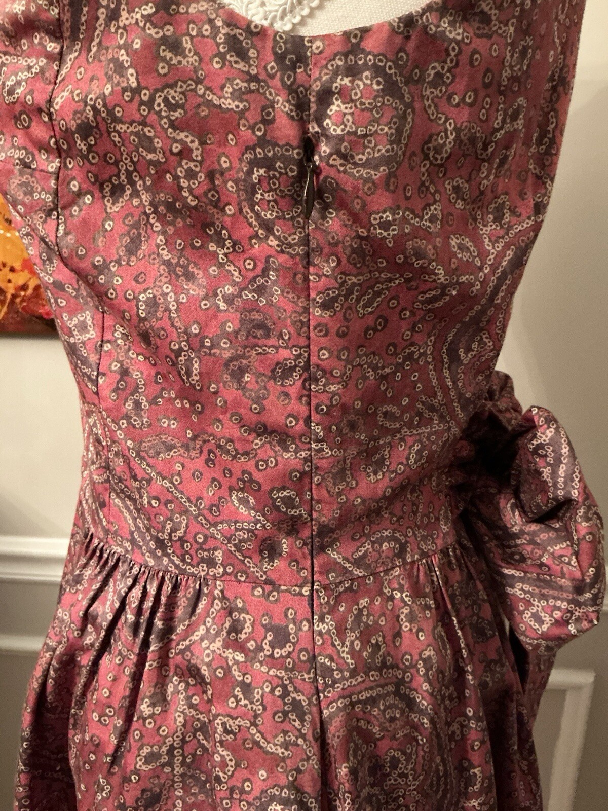 Peruvian Connection Dress Red Brown Pattern Midi Size Small Tie Bow Sash Cotton