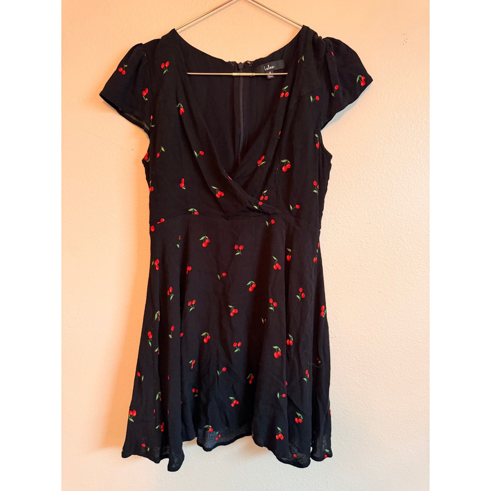 Lulus Mini Dress Women Medium Black Cherry Print Cherish You Surplice Flutter