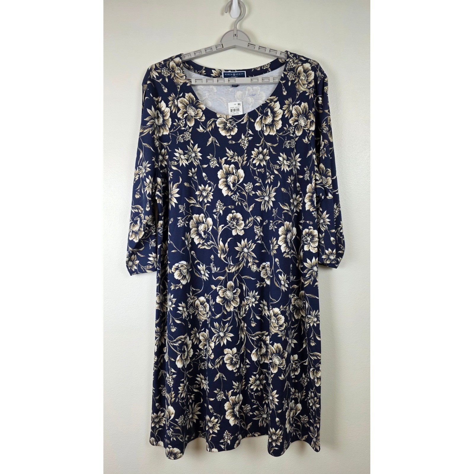 Karen Scott Sport Dress Womens 3X Intrepid Blue Floral 3/4 Sleeve Jersey Shift