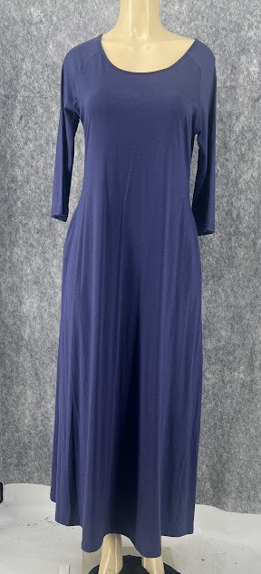 Jacansi Blue Tan M Solid Women’s 3/4 Sleeve Scoop Neck Polyester Cotton Dress
