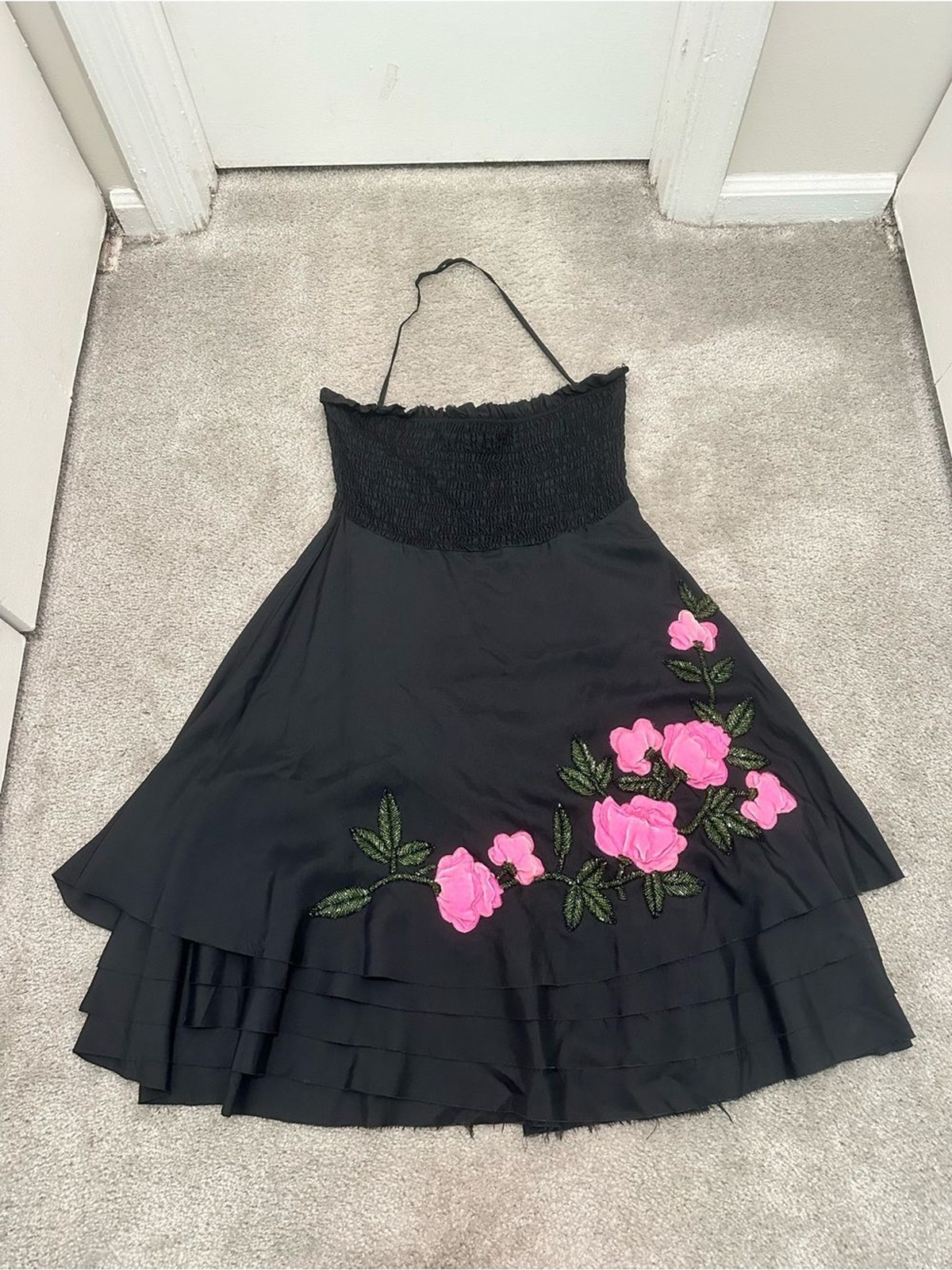 Betsey Johnson Vintage Smocked Halter Dress With Flower Detail Size Medium